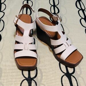 Soda White/Tan Strappy Platform Wedge Sandals
